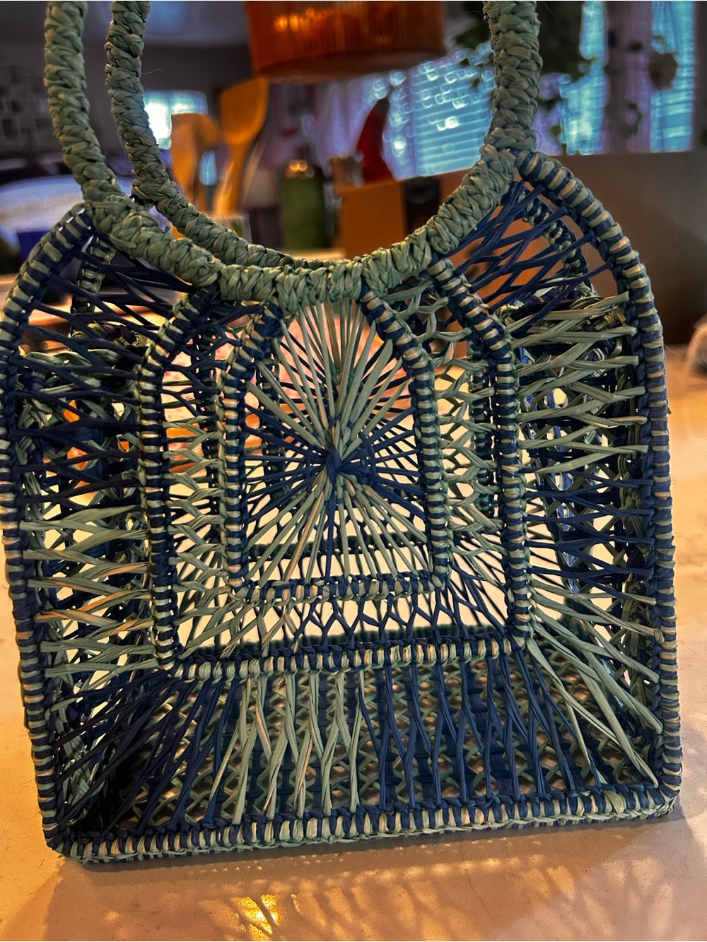 Woven Round Handle Women's Straw Tote - Blue & Green